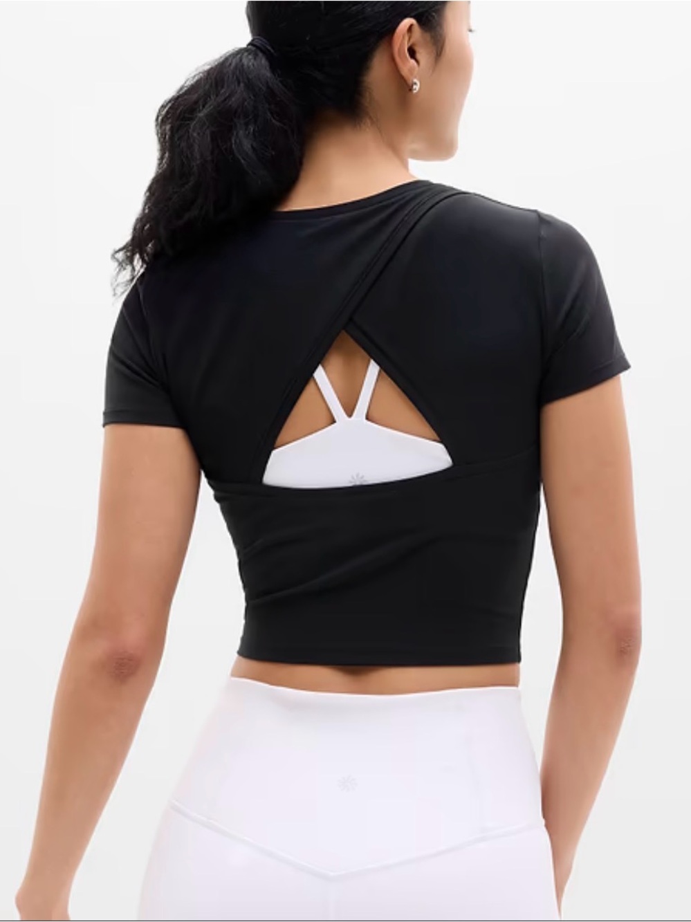 Athleta women’s Black Short Sleeve Crewneck Back Open Tee Sz Small